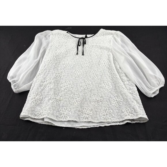 CeCe Womens Sheer Sleeve Embroidered Top With Bow Detail L - Picture 1 of 6